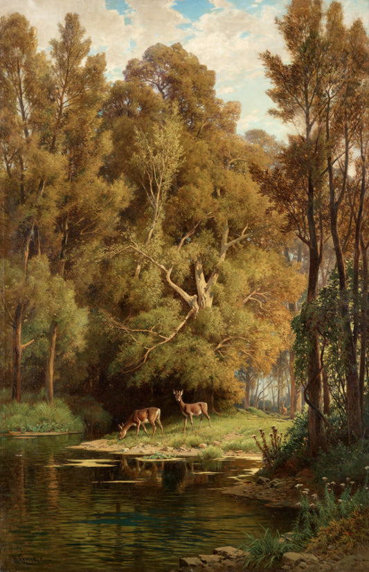 Scene in the forest with deers, vintage artwork by Hermann David Solomon Corrodi, 12x8" (A4) Poster