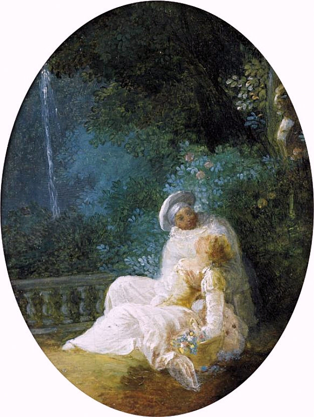 A Young Woman with Harlequin in a Lush Park, vintage artwork by Jean-Frederic Schall, 12x8" (A4) Poster