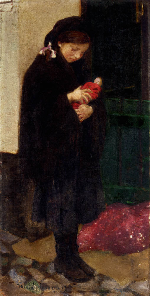 Study Of A Girl With Her Doll, vintage artwork by Harold Charles Francis Harvey, 12x8" (A4) Poster