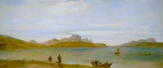 Landscape with Mountains, a Lake and Duck Hunters, vintage artwork by Attributed to Peter de Wint, 12x8" (A4) Poster