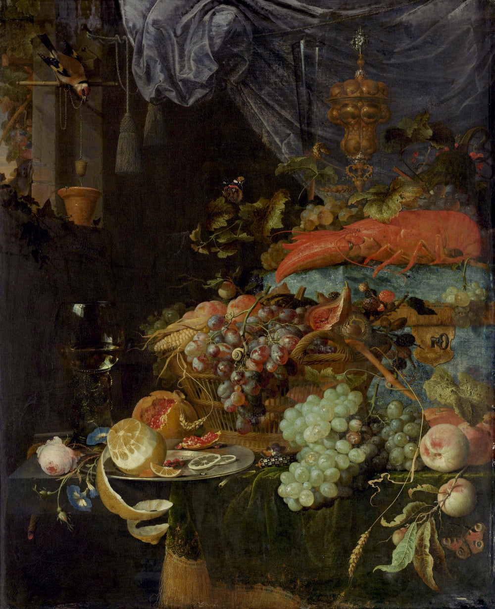 Still life with fruit and a goldfinch, vintage artwork by Abraham Mignon, 12x8" (A4) Poster