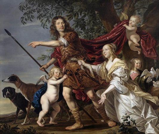 Portrait of a Couple as Venus and Adonis, vintage artwork by Jacob-Fransz van der Merck, 12x8" (A4) Poster
