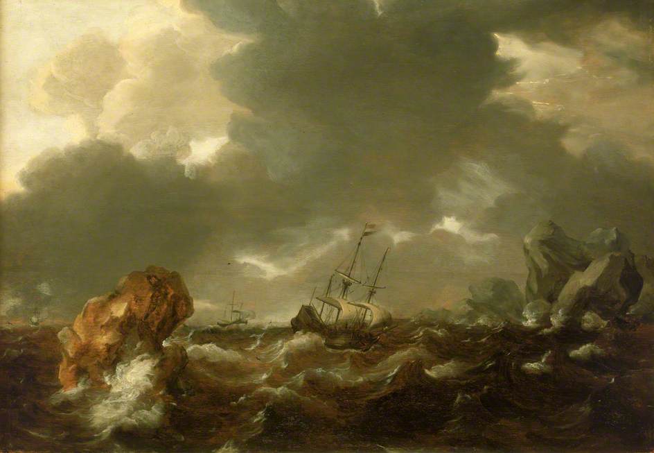 A Dutch Mercant Ship Running between Rocks in Rough Weather, vintage artwork by Willem van de Velde the Younger, 12x8" (A4) Poster