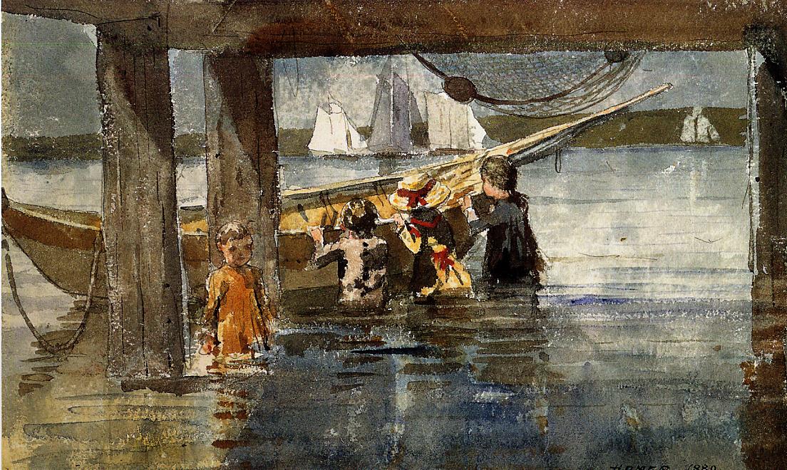 Childred Playing under a Gloucester Wharf, vintage artwork by Winslow Homer, 12x8" (A4) Poster