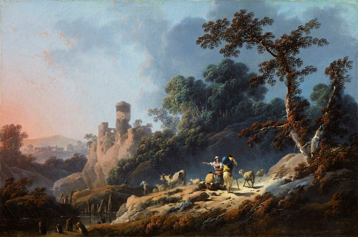 Landscape with Travellers and a Ruin, vintage artwork by Jean Pillement, 12x8" (A4) Poster