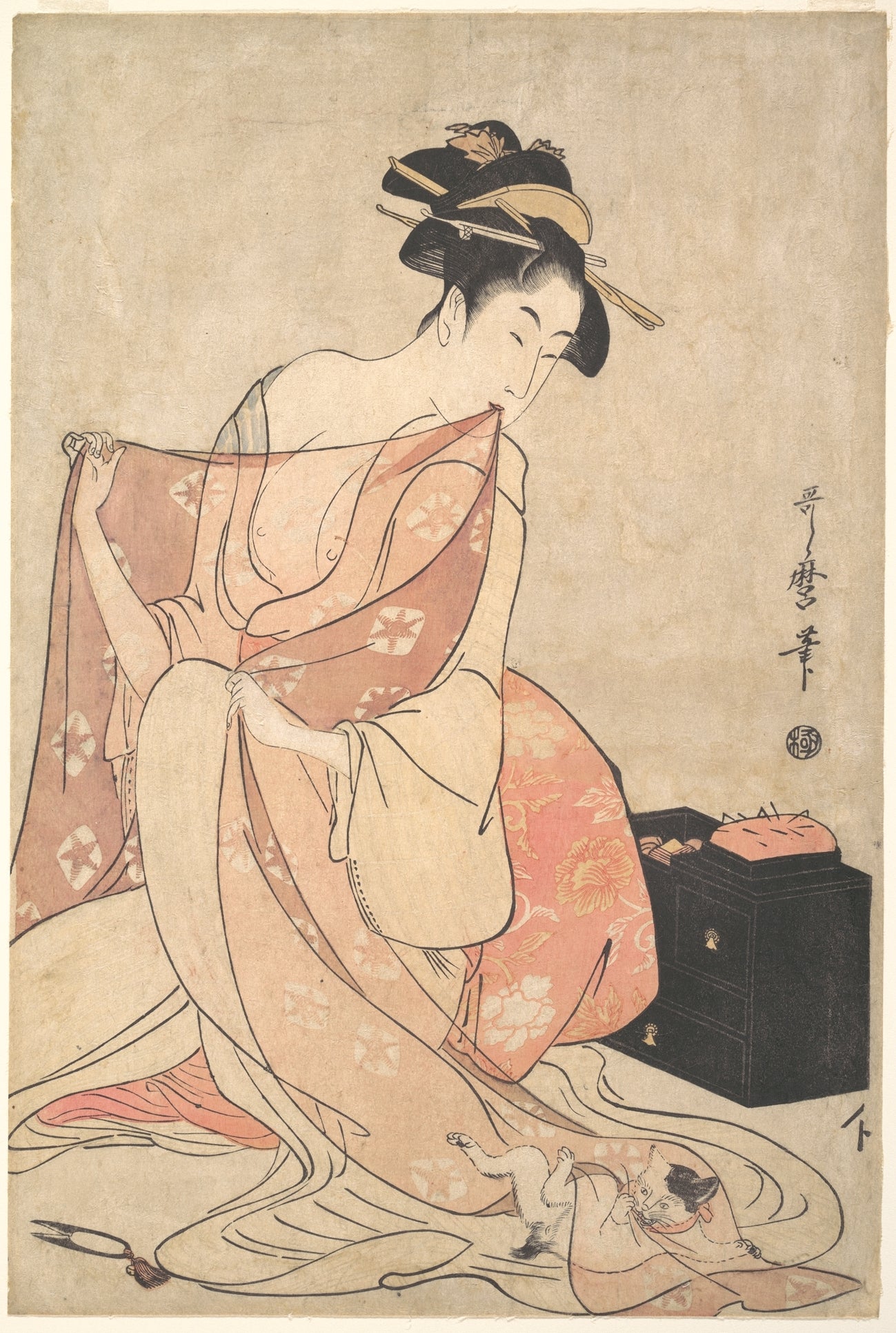 A Woman and a Cat, vintage artwork by Kitagawa Utamaro, 12x8" (A4) Poster
