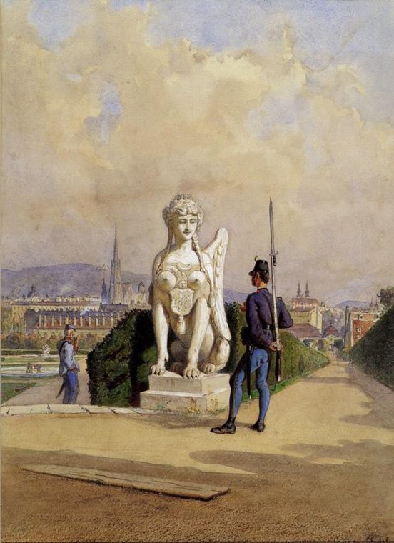 Kurzweil auf der Wache im Garten des Schlosses Belvedere in Wien, vintage artwork by Carl Goebel, 12x8" (A4) Poster
