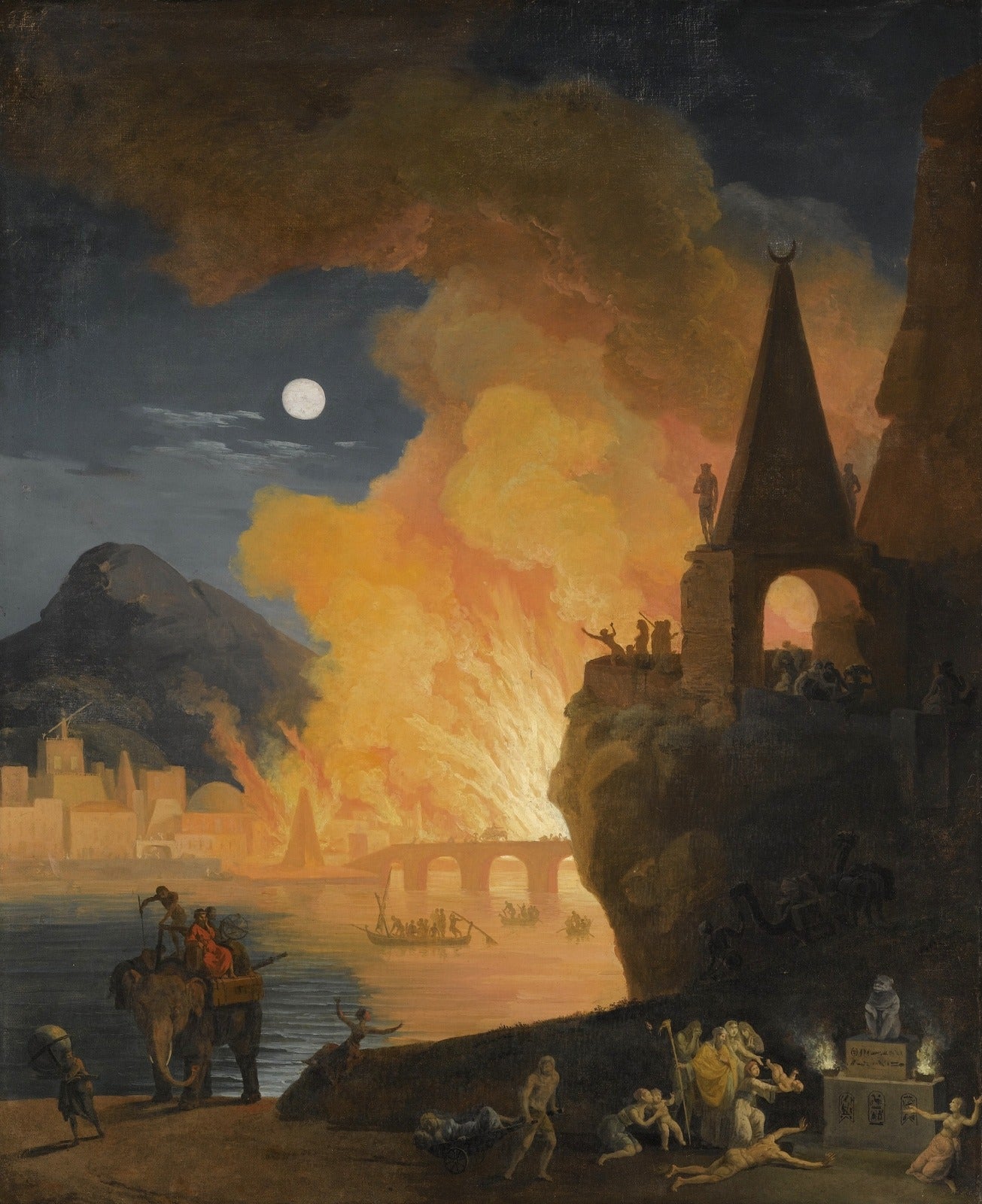 A Nocturnal Landscape With Figures Fleeing The Fire Of Alexandria, vintage artwork by Pierre-Jacques Volaire, 12x8" (A4) Poster
