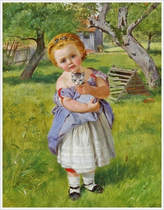 Girl and kitten in an orchard, vintage artwork by Charles Rossiter, 12x8" (A4) Poster