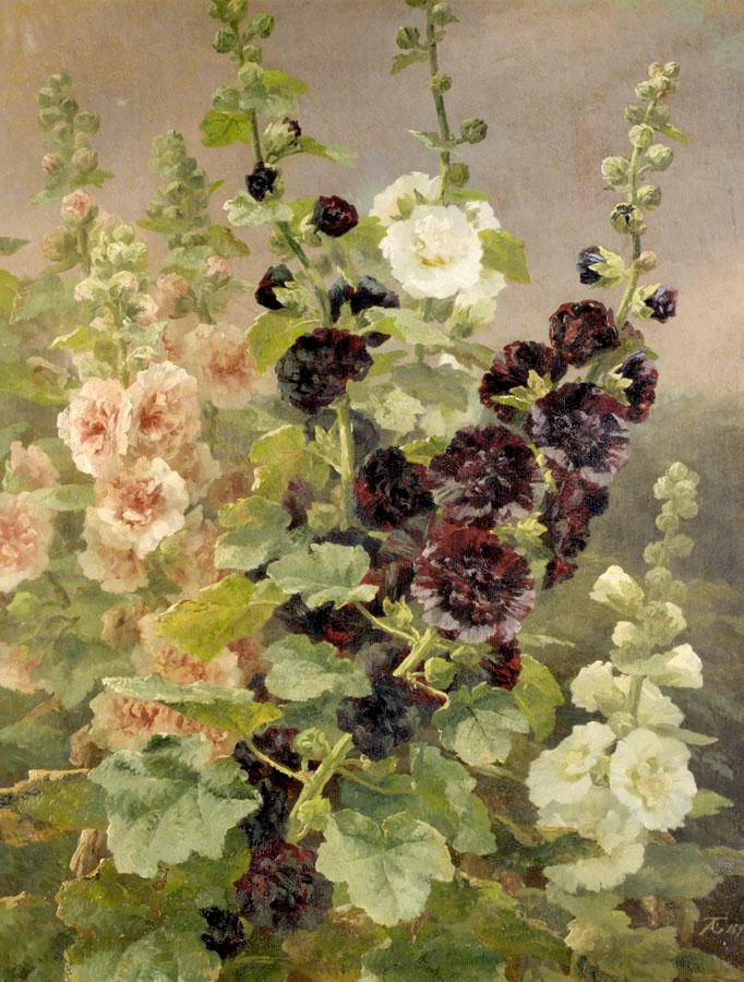 Hollyhocks, vintage artwork by Anthonore Christensen, 12x8" (A4) Poster