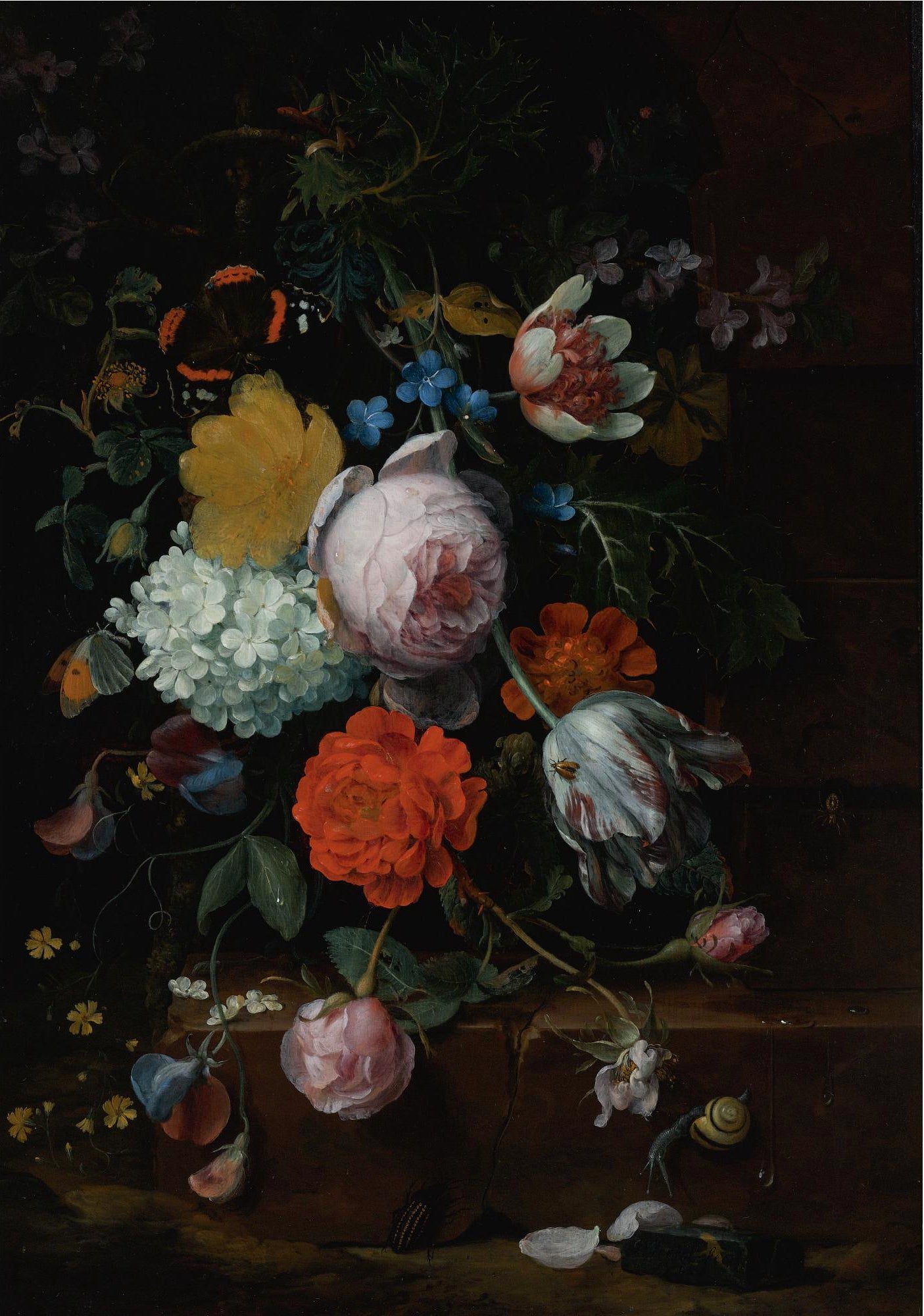 Peonies, Tulips, Roses and other Flowers on a Ledge, vintage artwork by Jan Mortel, 12x8" (A4) Poster