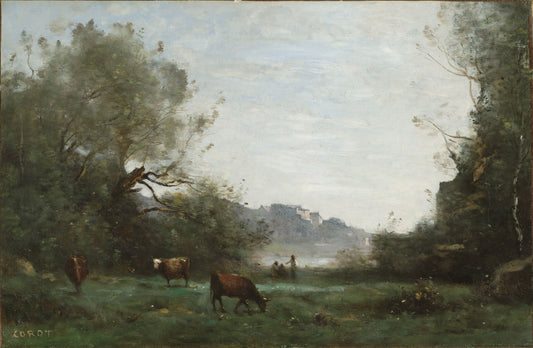 Cattle at Pasture in a Wooded Valley, vintage artwork by Jean-Baptiste-Camille Corot, A3 (16x12") Poster Print