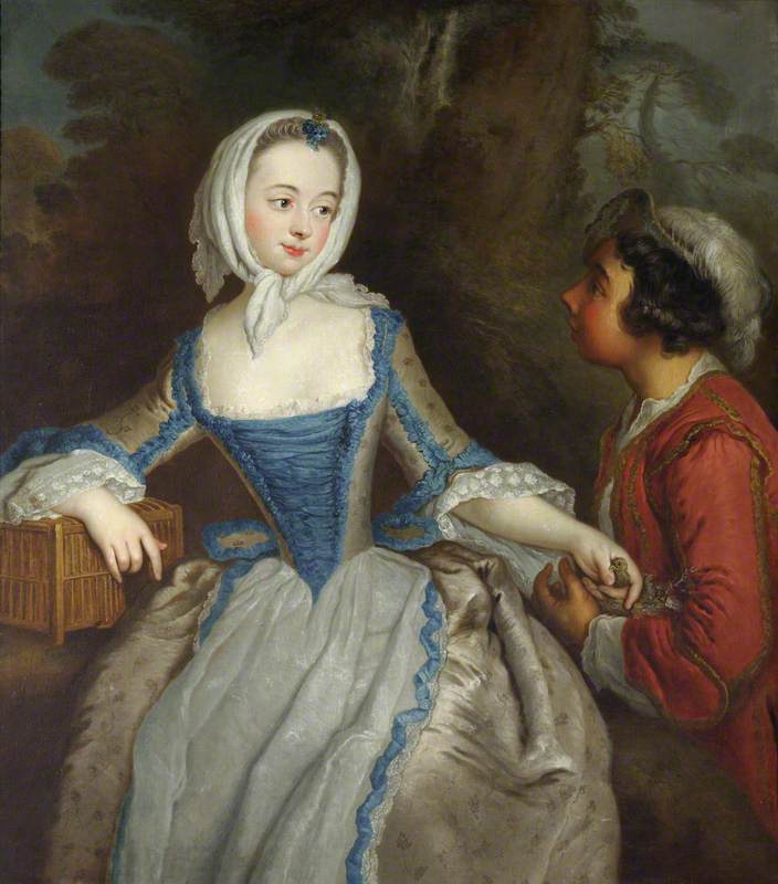 Girl with a Birdcage and a Suitor, vintage artwork by After Antoine Pesne, 12x8" (A4) Poster