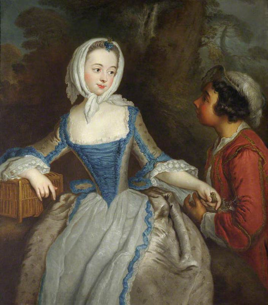 Girl with a Birdcage and a Suitor, vintage artwork by After Antoine Pesne, 12x8" (A4) Poster