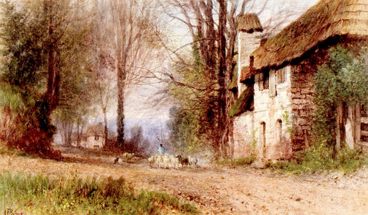 Pastoral View, Village Lane with Shepherd and Flock, vintage artwork by Albert Fitch Bellows, 12x8" (A4) Poster