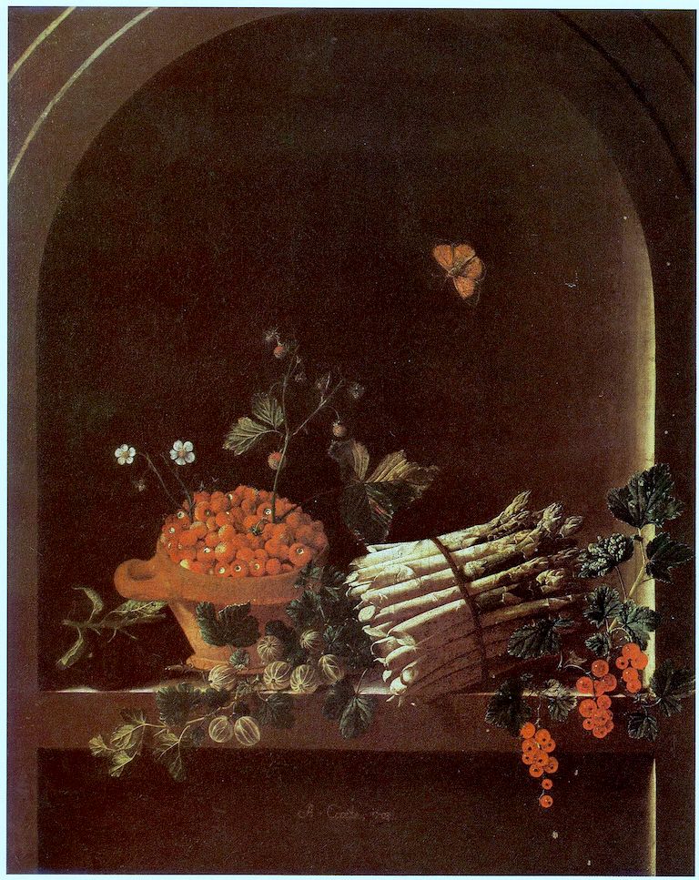 Still life with asparagus, a spray of gooseberries, a bowl of strawberries and other fruit in a nich, vintage artwork by Adriaen Coorte, 12x8" (A4) Poster