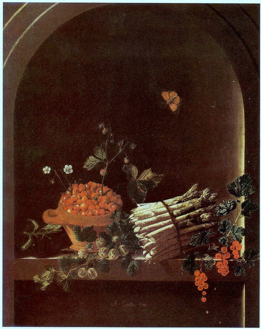 Still life with asparagus, a spray of gooseberries, a bowl of strawberries and other fruit in a nich, vintage artwork by Adriaen Coorte, 12x8" (A4) Poster