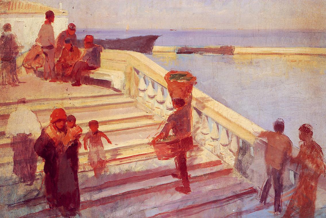 Figures on Venetian Steps, vintage artwork by Frank Duveneck, 12x8" (A4) Poster