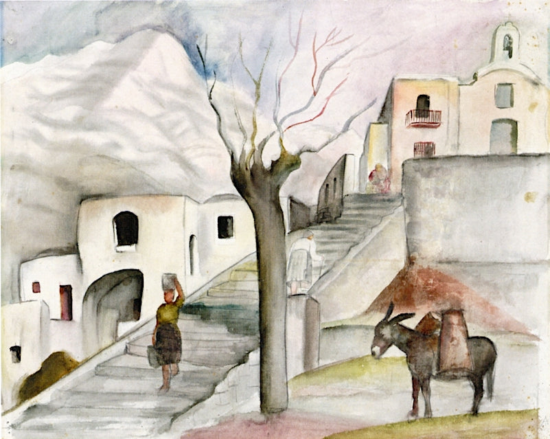 Positano, Stairs with a Woman Carrying Water, vintage artwork by Anita Ree, 12x8" (A4) Poster