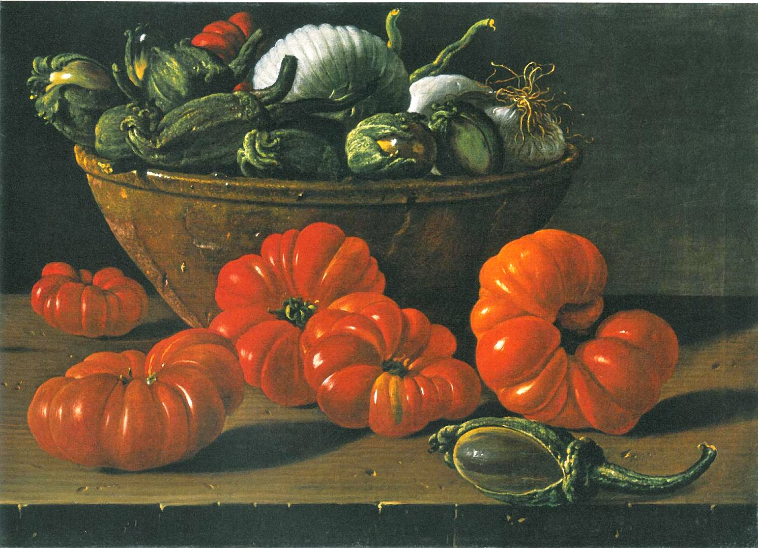 Still Life with Tomatoes, a Bowl of Aubergines & Onions, vintage artwork by Luis Melendez, 12x8" (A4) Poster