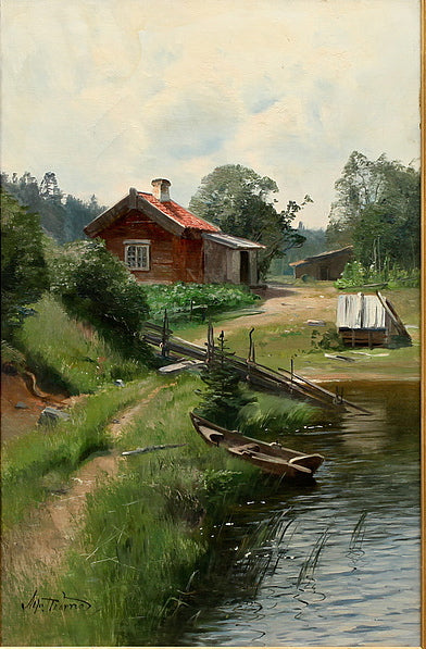 Landscape with Lake and Cottage, vintage artwork by Sven Alfred Thörne, 12x8" (A4) Poster
