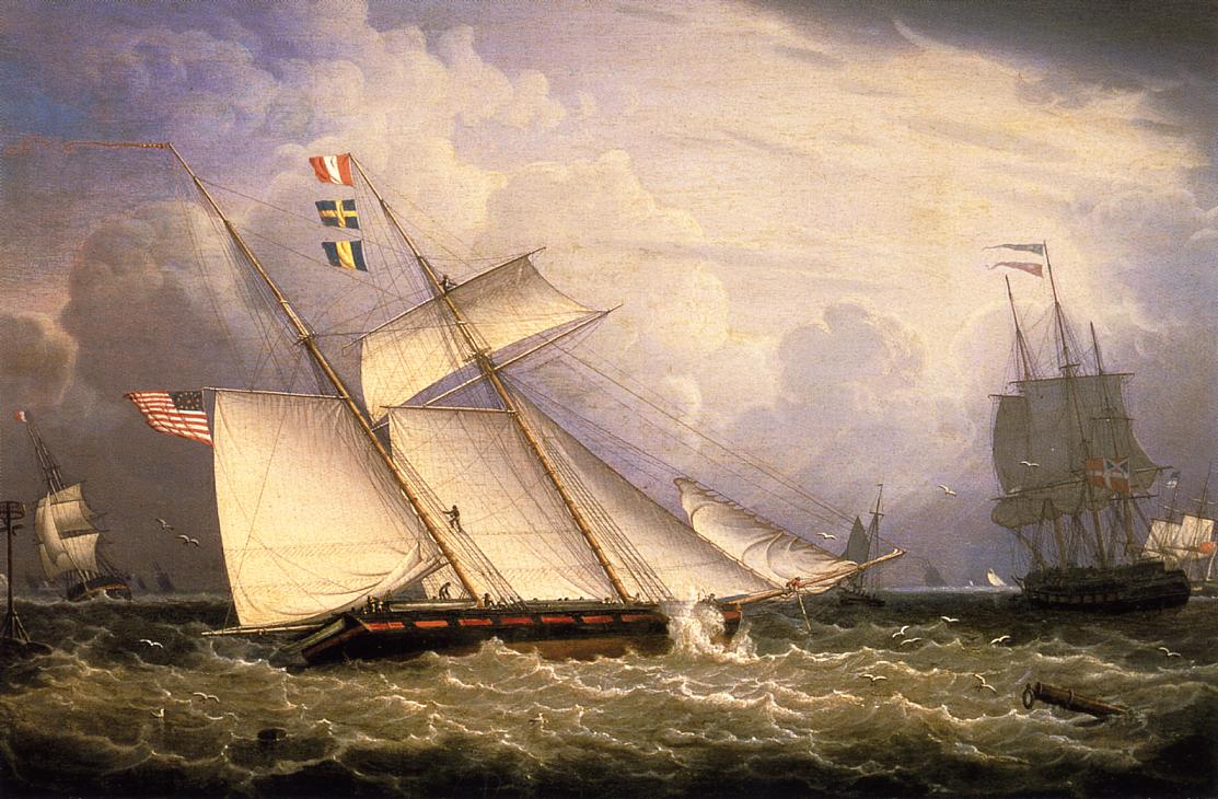 American Schooner under Sail with Heavy Seas, vintage artwork by Robert Salmon, 12x8" (A4) Poster