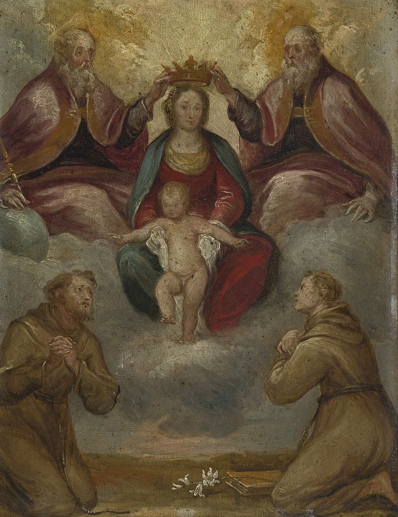 Madonna and Child crowned by  the Trinity and Adored by  Franciscan saints, vintage artwork by Carlo Francesco Nuvolone, 12x8" (A4) Poster