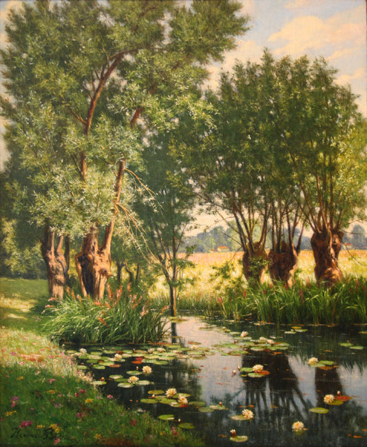 River Scene in Spring, France, vintage artwork by Henri Biva, 12x8" (A4) Poster