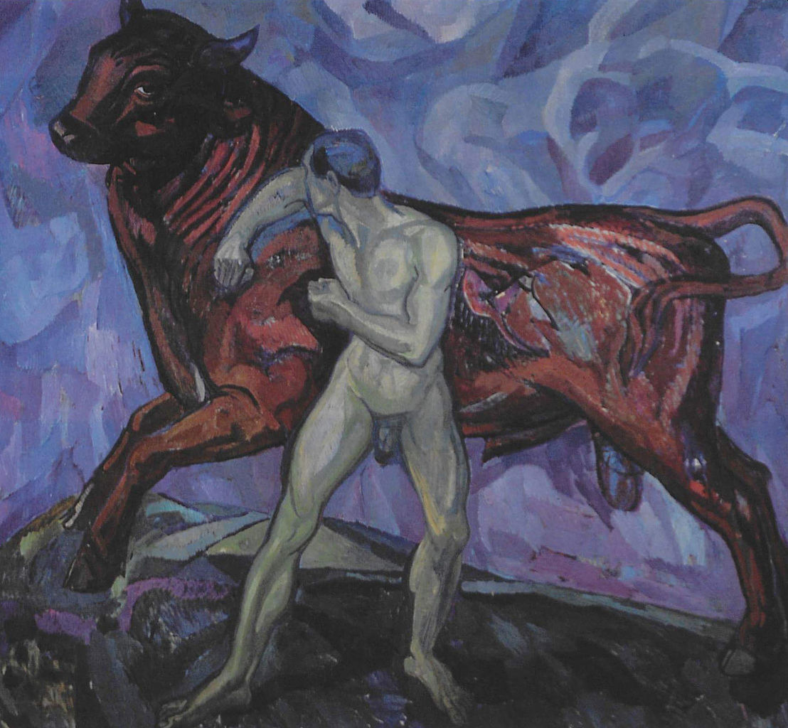 Man with a Bull, vintage artwork by Axel Torneman, 12x8" (A4) Poster