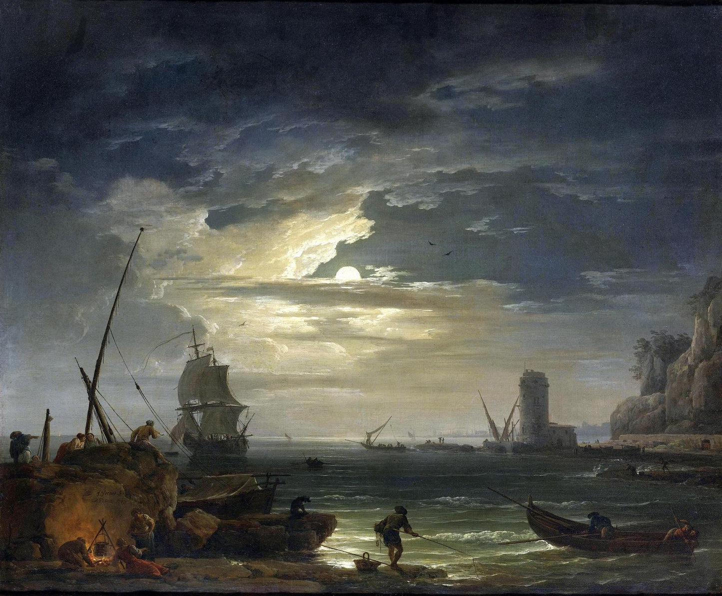 A Mediterranean Inlet by  Moonlight, vintage artwork by Claude-Joseph Vernet, 12x8" (A4) Poster