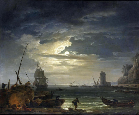 A Mediterranean Inlet by  Moonlight, vintage artwork by Claude-Joseph Vernet, 12x8" (A4) Poster