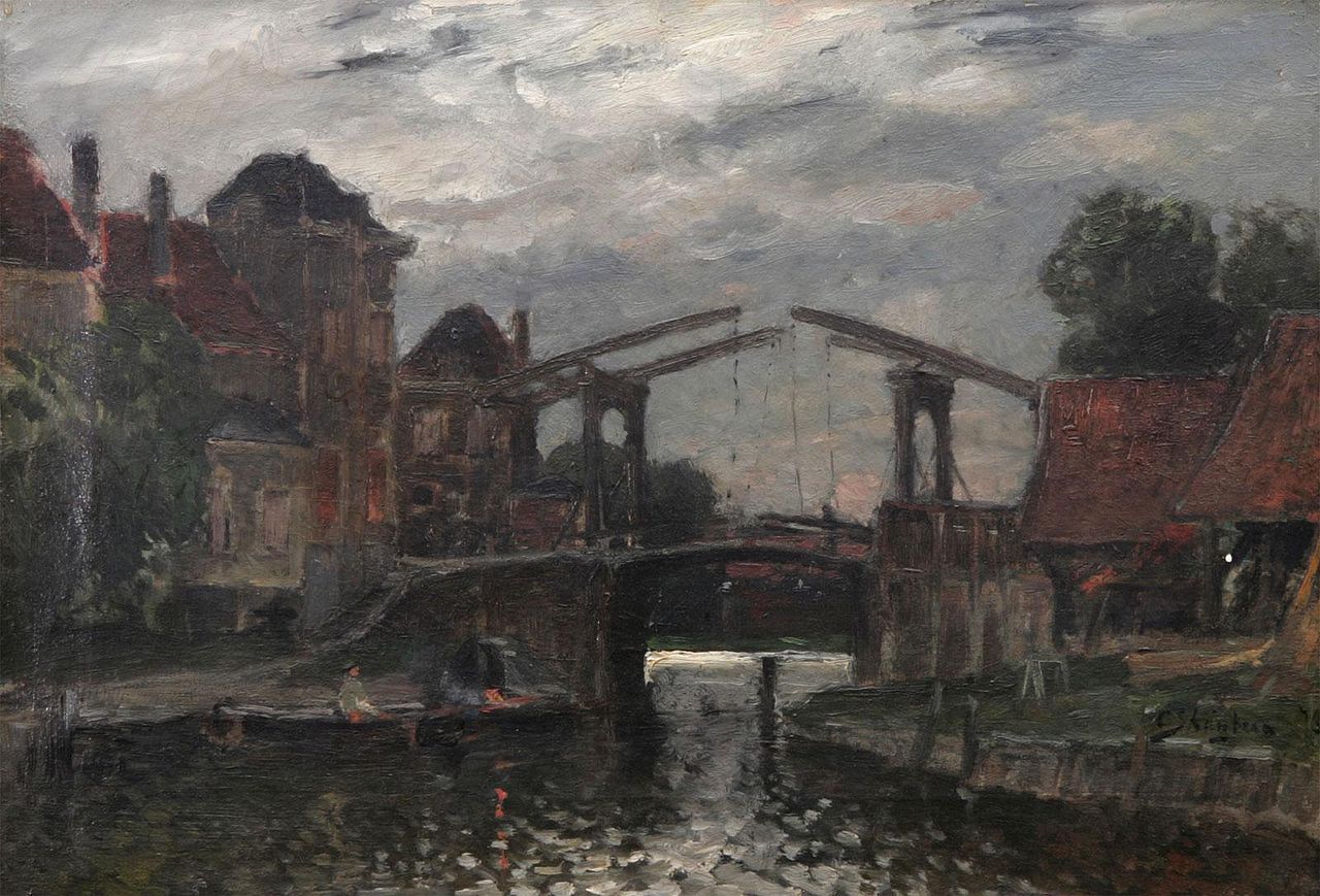 Dutch Cityscape with Bridge, vintage artwork by Carl Skanberg, 12x8" (A4) Poster