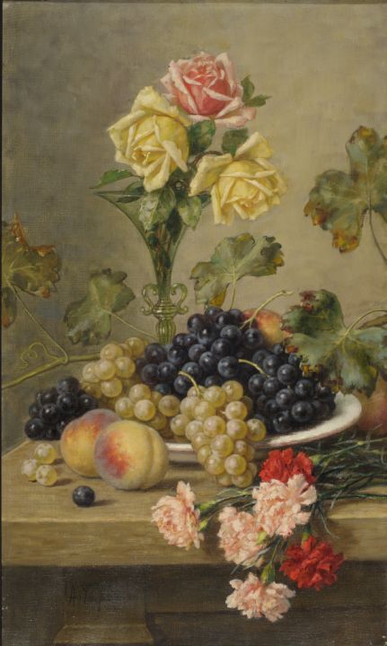 Still-life with Grapes, vintage artwork by Alfred Hirv, 12x8" (A4) Poster