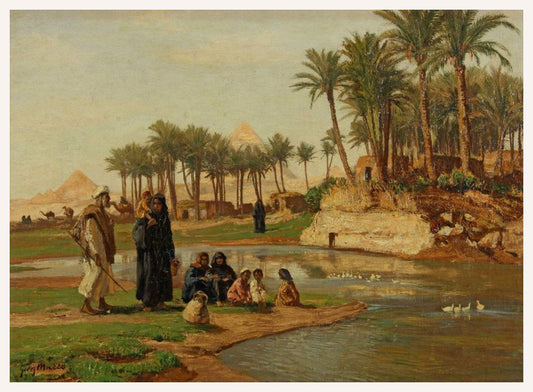 Fellah Family before Egyptian Pyramids, vintage artwork by Georg Macco, 12x8" (A4) Poster