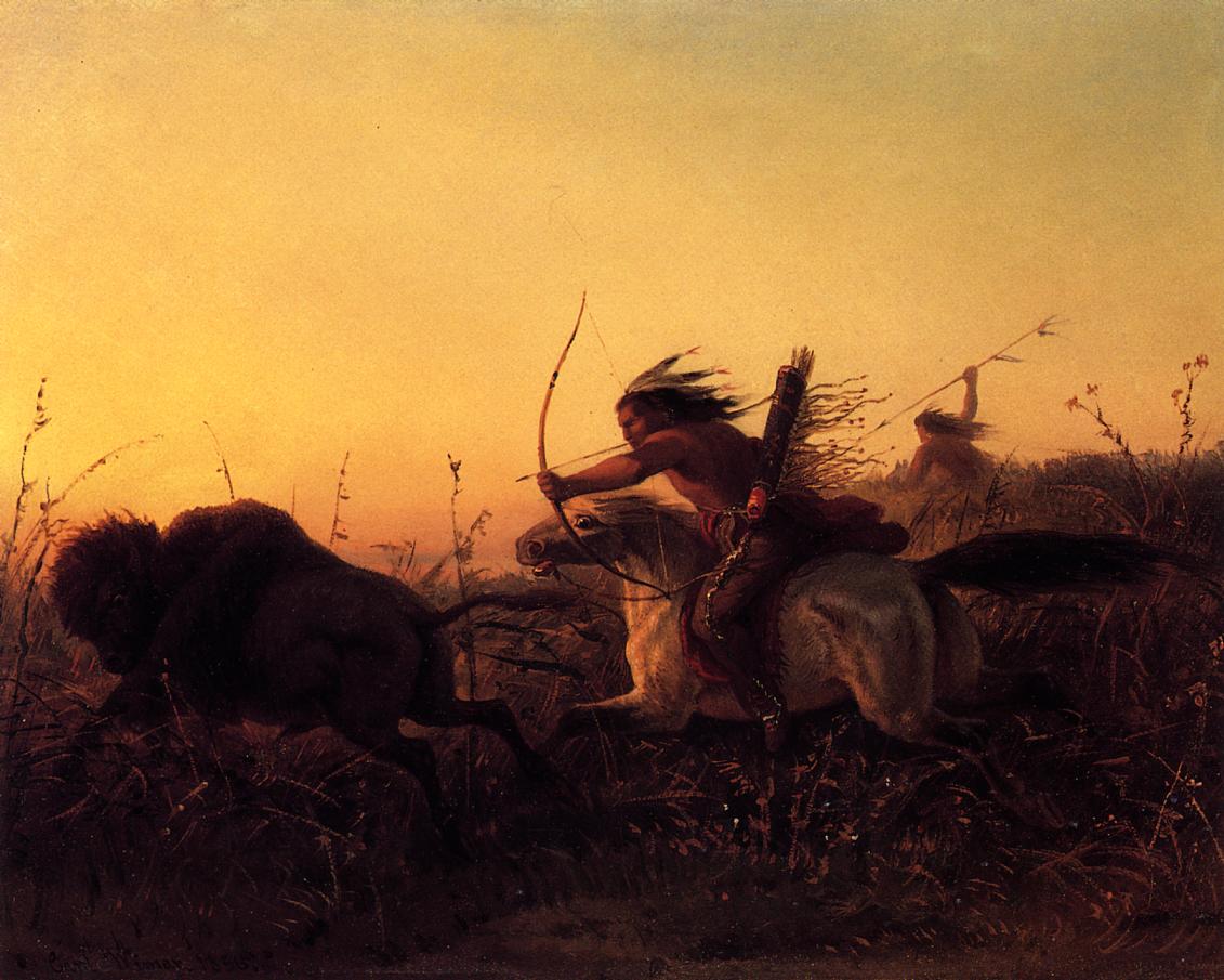 Indian Buffalo Hunt, vintage artwork by Karl Ferdinand (Carl or Charles) Wimar, 12x8" (A4) Poster