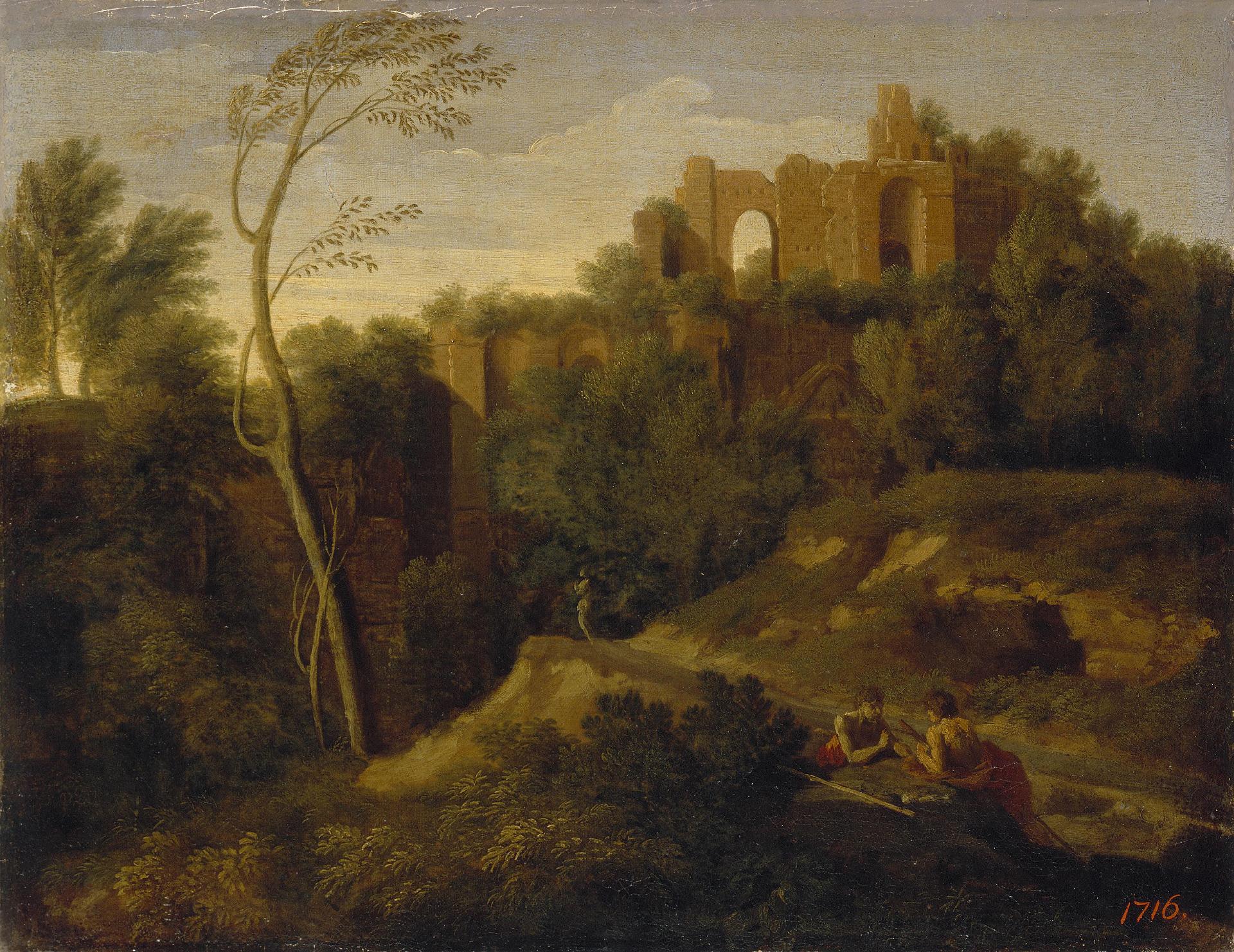 Landscape with Ruins of Caracalla's Thermaes, vintage artwork by Gaspard Dughet, 12x8" (A4) Poster