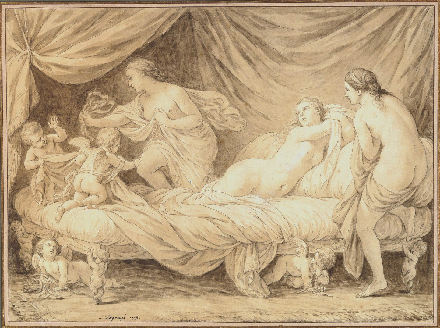 The Three Graces Teased by  Cupids, vintage artwork by Louis Jean François Lagrenee, 12x8" (A4) Poster