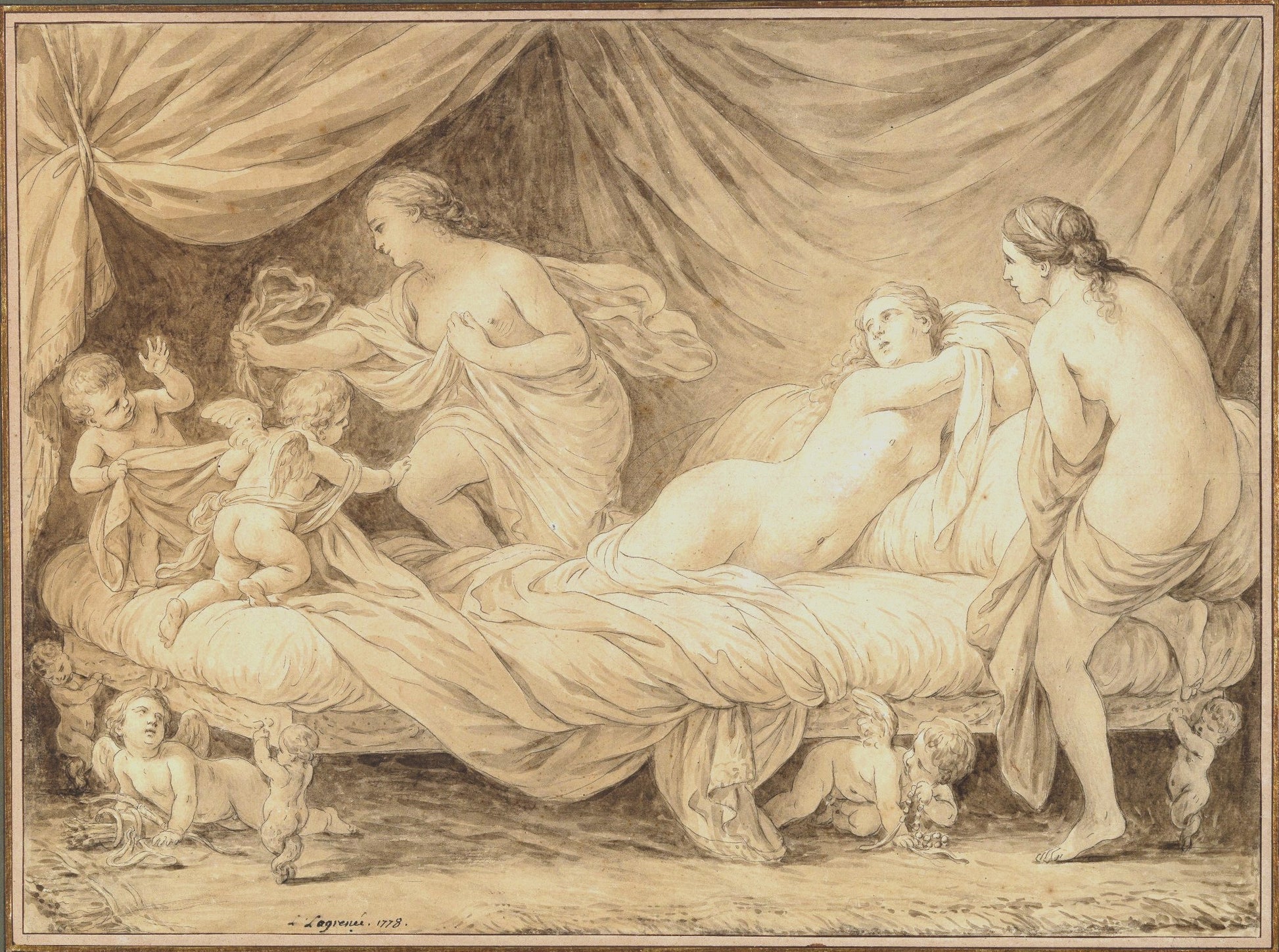 The Three Graces Teased by  Cupids, vintage artwork by Louis Jean François Lagrenee, 12x8" (A4) Poster
