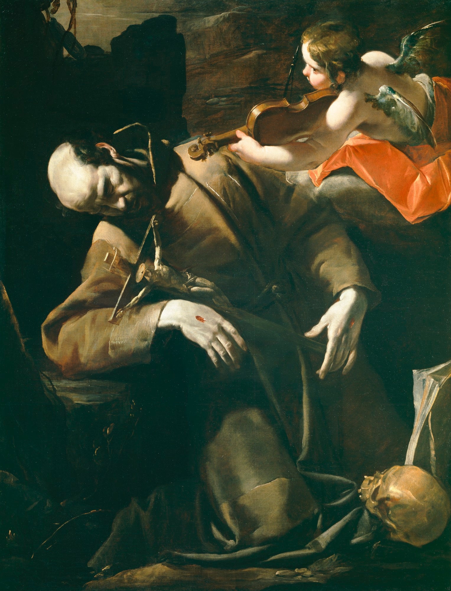St. Francis in Ecstasy Comforted by  a Cherub with a Violin, vintage artwork by Gioacchino Assereto, 12x8" (A4) Poster