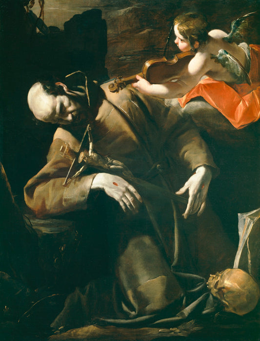 St. Francis in Ecstasy Comforted by  a Cherub with a Violin, vintage artwork by Gioacchino Assereto, 12x8" (A4) Poster