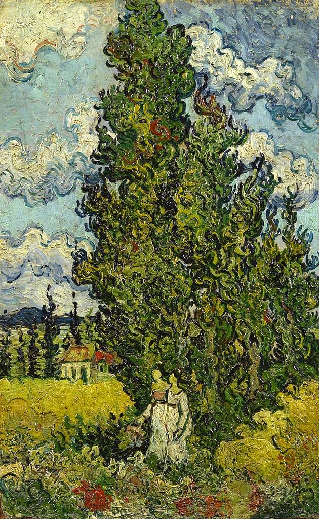Cypresses and Two Women, vintage artwork by Vincent van Gogh, 12x8