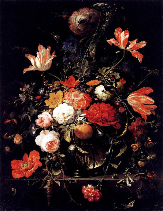 A Glass of Flowers and an Orange Twig, vintage artwork by Abraham Mignon, 12x8" (A4) Poster