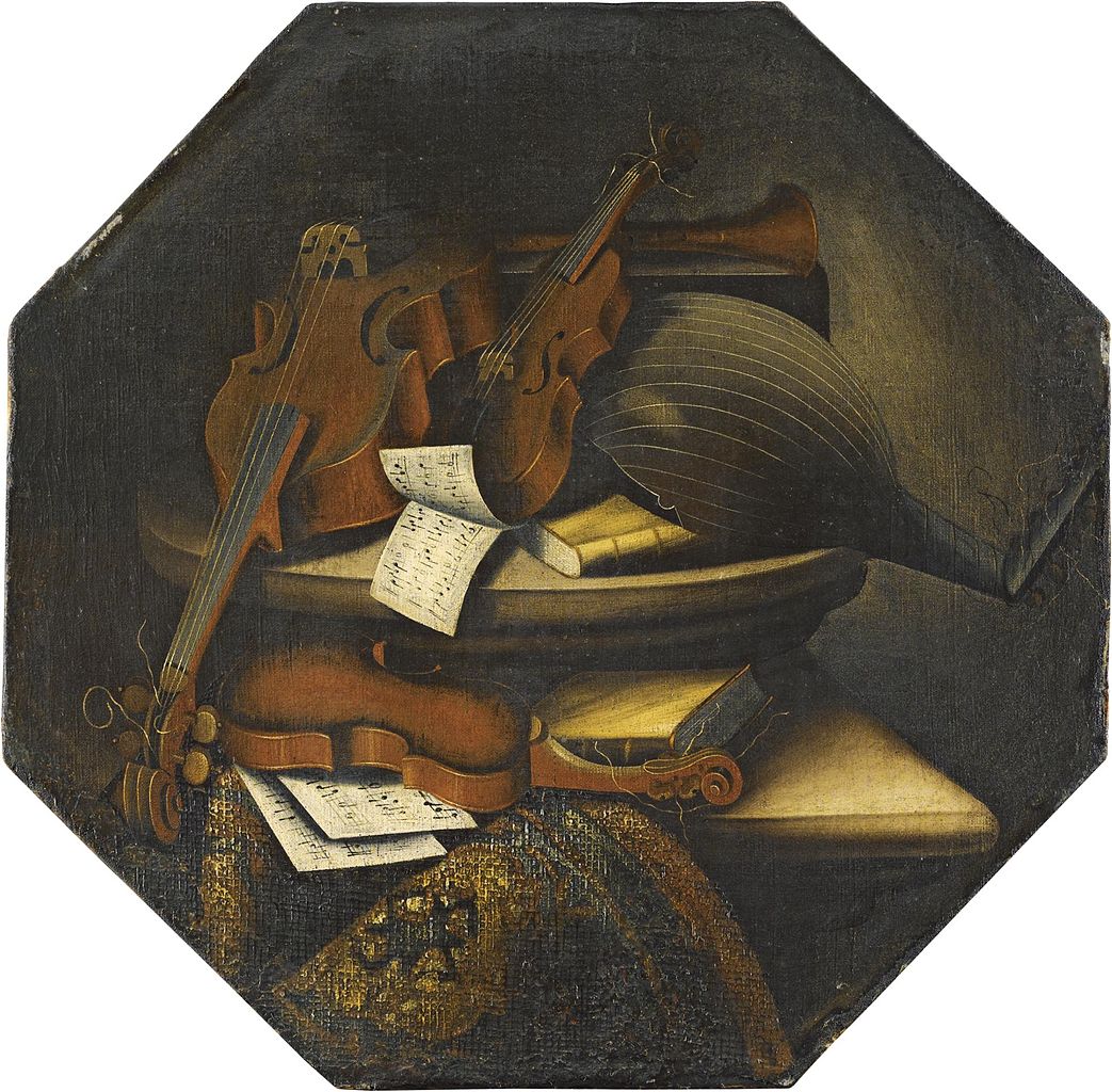 Still-life with musical instruments over a stone ledge, vintage artwork by Bartolomeo Bettera, 12x8" (A4) Poster