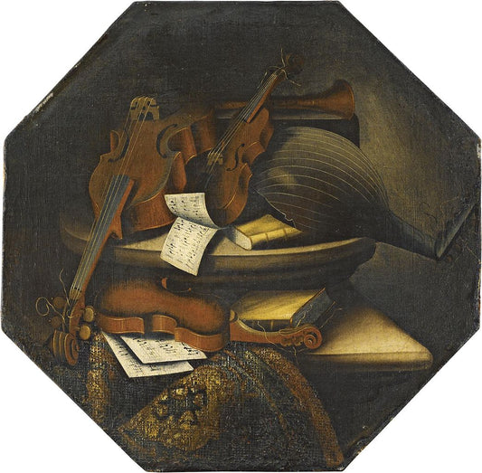 Still-life with musical instruments over a stone ledge, vintage artwork by Bartolomeo Bettera, 12x8" (A4) Poster