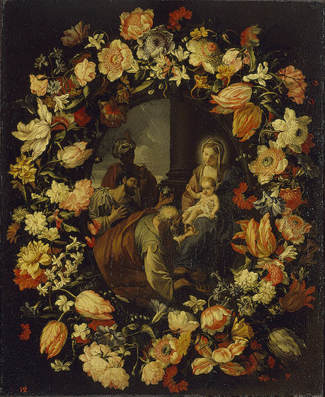 'Adoration of the Magi' Framed by  a Garland of Flowers, vintage artwork by Carlo Maratta, 12x8" (A4) Poster