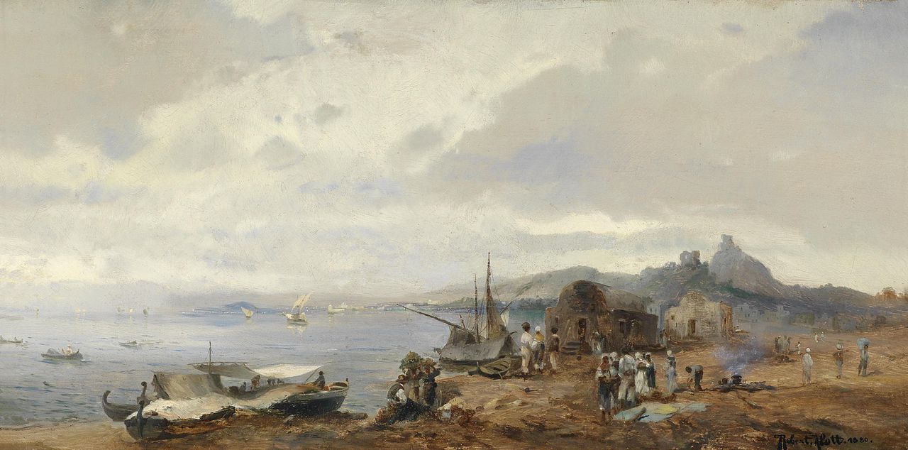 Fishermen in the coastal landscape, vintage artwork by Robert Alott, 12x8" (A4) Poster