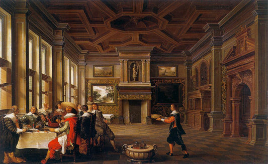 Distinguished Dinner Comapany in an Interior, vintage artwork by Dirck van Delen, 12x8" (A4) Poster