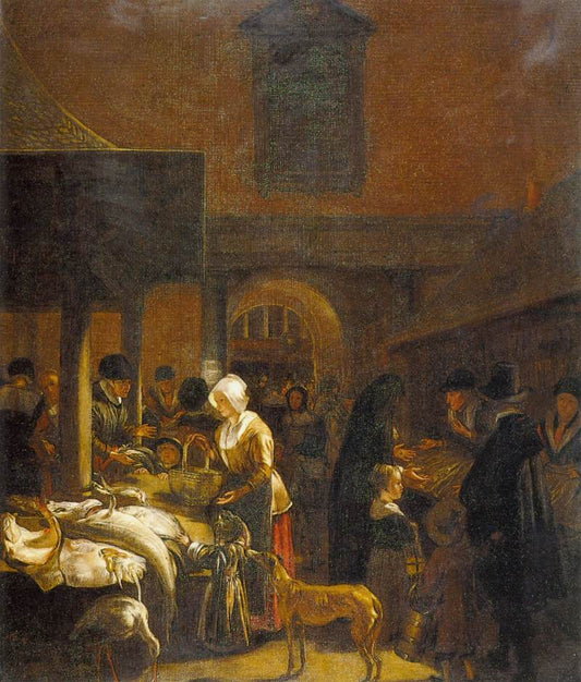 The Old Fish Market on the Dam, Amsterdam, vintage artwork by Emanuel de Witte, 12x8" (A4) Poster