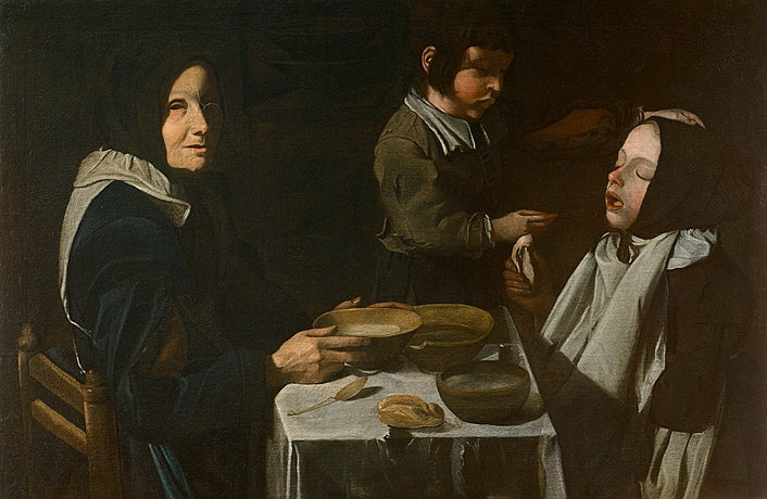 A Frugal Meal with Two Children, vintage artwork by Maestro della tela Jeans, 12x8" (A4) Poster