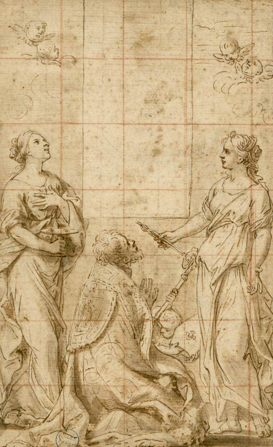 St Apollonia and St Lucy with a Bishop, vintage artwork by Attributed to Marcantonio Franceschini, 12x8" (A4) Poster